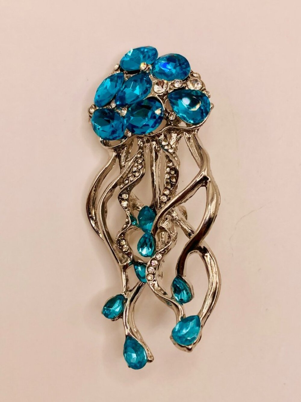 Silver-Tone Jellyfish Brooch Blue Rhinestones & Sparkling Clear Accents -85B